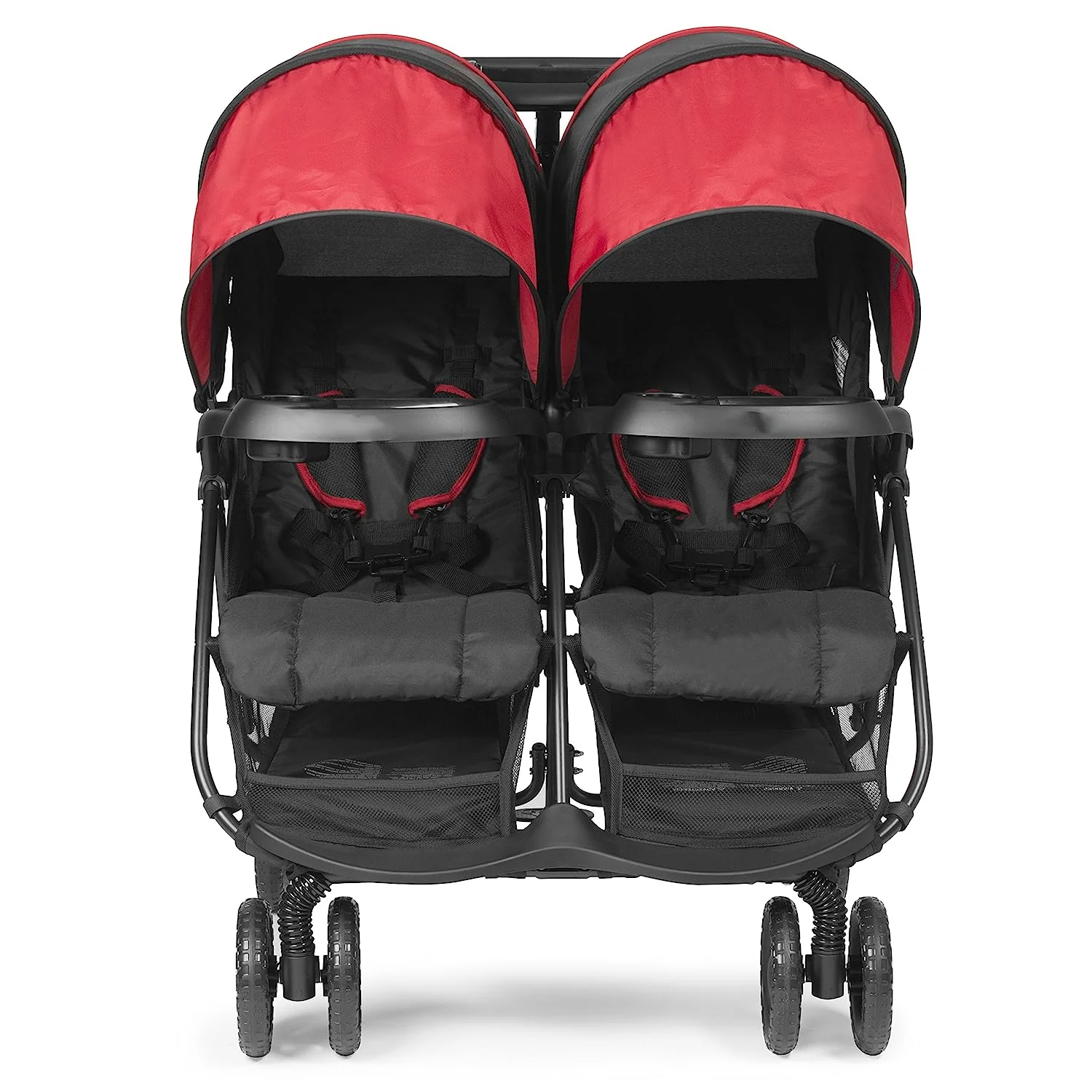 Double stroller for babies and toddlers |  Cloud Plus - easy to fold, adjustable seats, shelves for children and parents, large storage space, extendable canopies - red/black