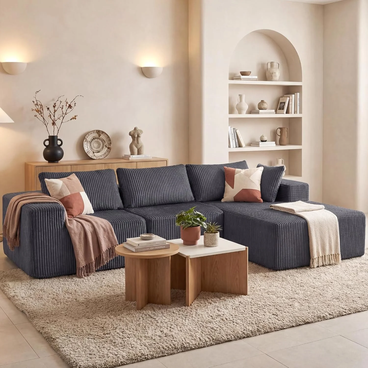 DUMOS 108" Boneless Couch, Cloud Sectional Couch with L-Shape Chaise, Modular Sectional Sofa with Deep Seat, Upholstered Couch for Living Room Bedroom, No Assembly Required (Grey, Left Facing Chaise)