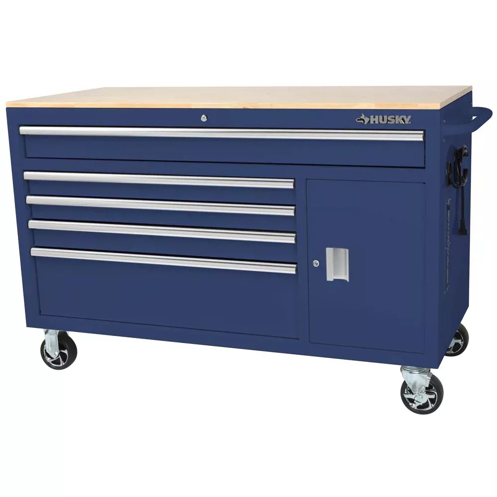 56 IN W 5-DRAWER 1-DOOR, DEEP TOOL CHEST MOBILE WORKBENCH IN GLOSS BLUE MIT HARDWOOD TOP