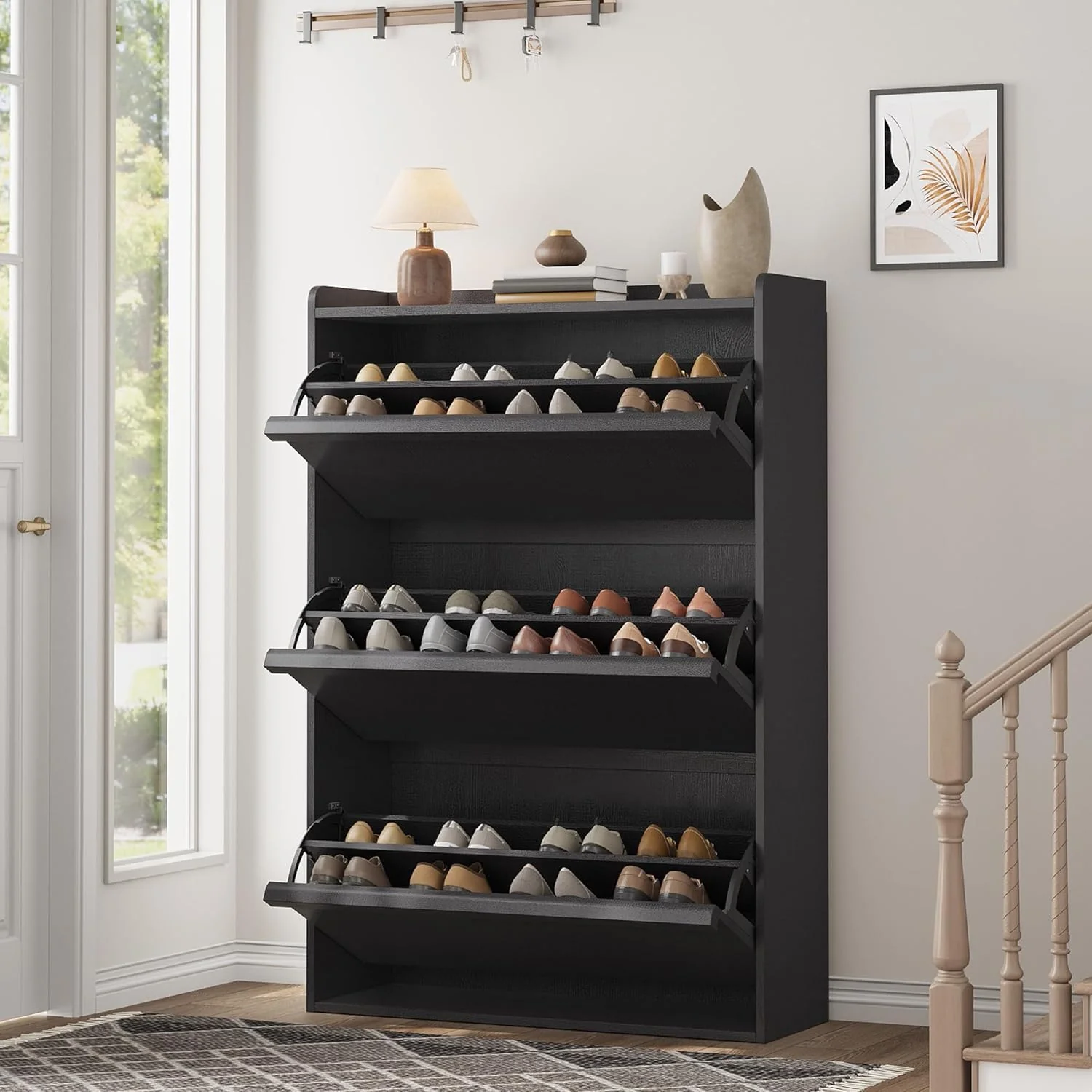 GarveeHome Shoe Cabinet with 3 Flip Drawers Wooden Shoe Organizer Cabinet Shoe Storage Hidden