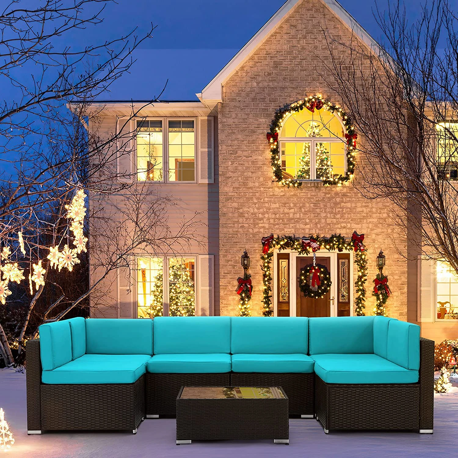 U-MAX 7 Piece Outdoor Patio Furniture Set, PE Rattan Wicker Sofa Set, Outdoor Sectional Furniture Chair Set with Khaki Cushions and Tea Table