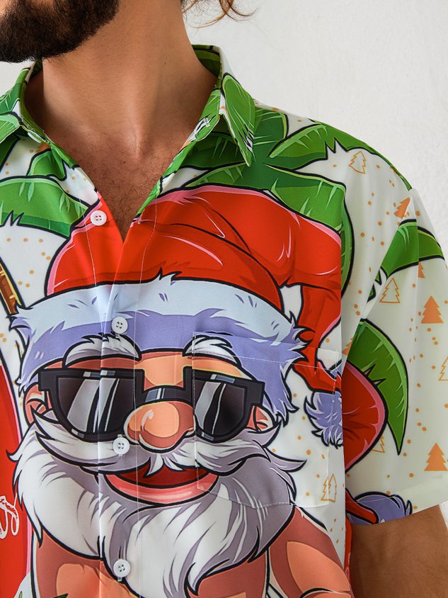 Mens Christmas Santa Surfing Print Front Buttons Soft Breathable Chest Pocket Casual Hawaiian Shirt