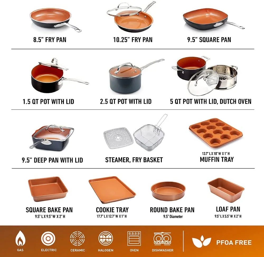 Steel Pots and Pans Set, 20 Piece Non-Stick Cookware Set, Durable Non-Stick Kitchen Set with Pan Set, Pot Set, Baking Set, Stay Cool Handles, Dishwasher Safe, 100% Toxin Free Copper