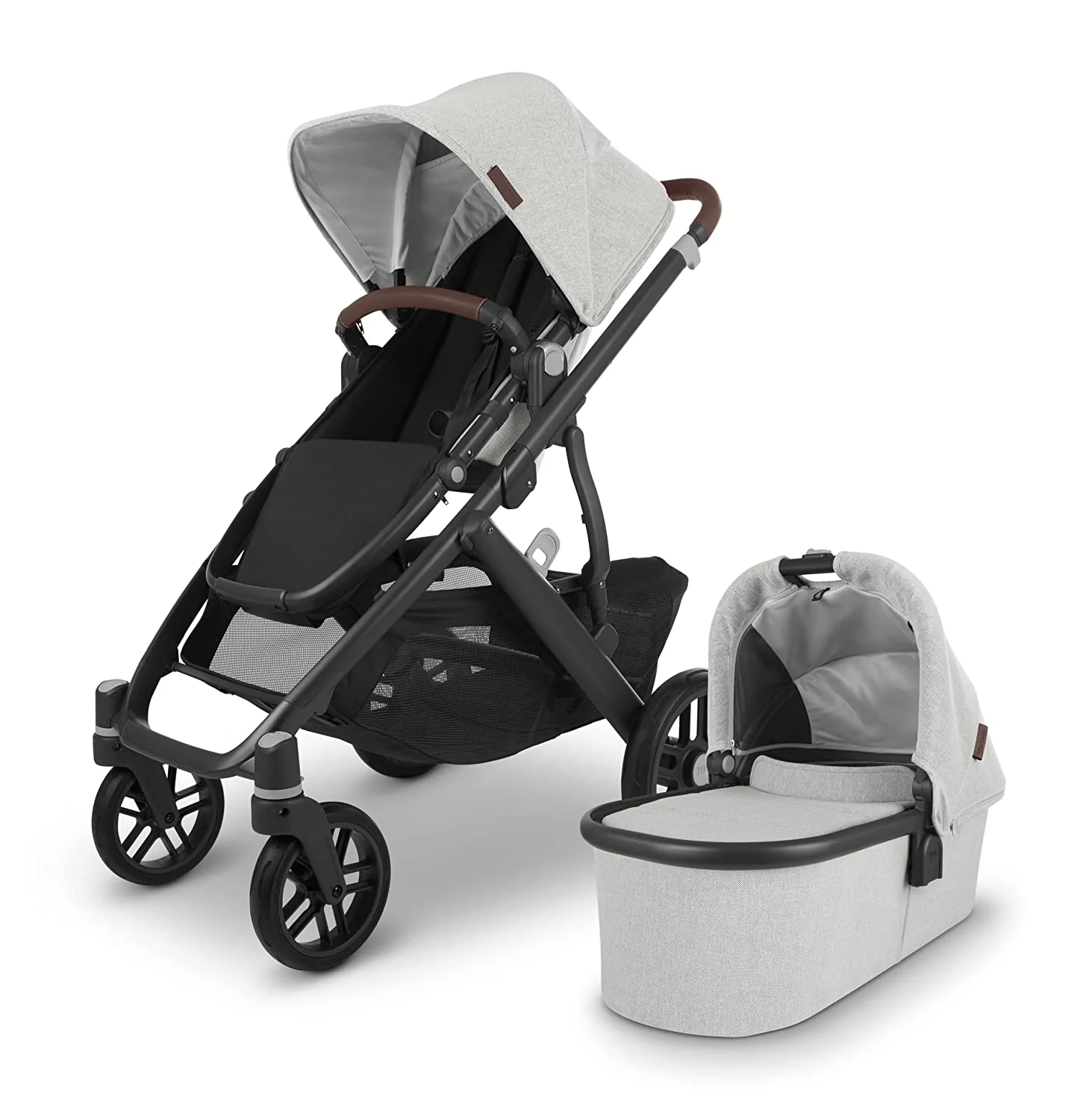 Stroller – Anthony (white and gray chenille/carbon/chestnut leather)