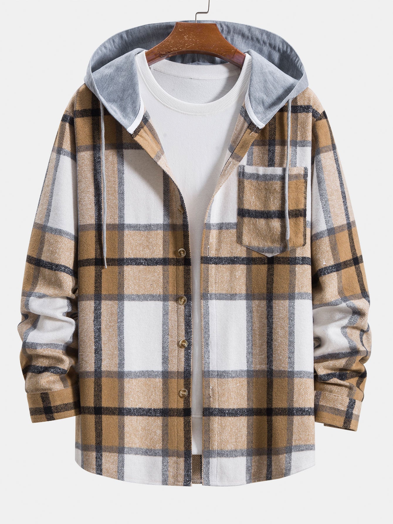 Contrast Flannel Plaid Hooded Overshirt