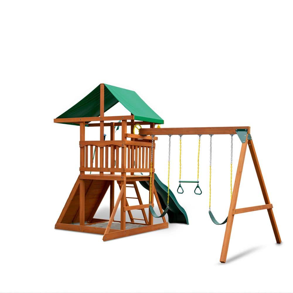 DYI Outing III Wooden Outdoor Playset with Tarp Roof, Rock Wall, Wave Slide, Swings and Backyard Swing Set Accessories