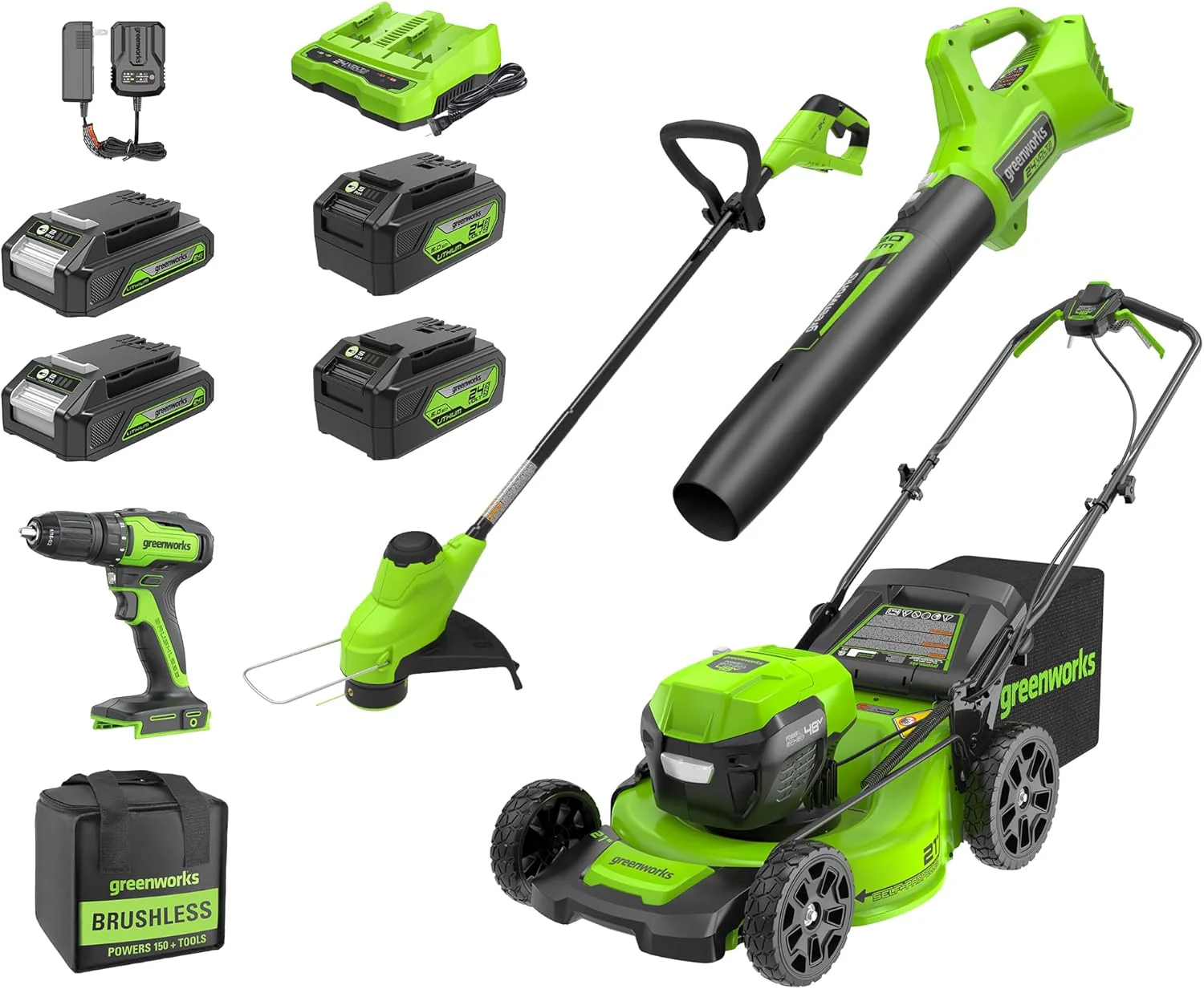 Greenworks 48V (24V x 2) 21" Brushless Self-Propelled Mower+12" String Trimmer+320CFM Blower