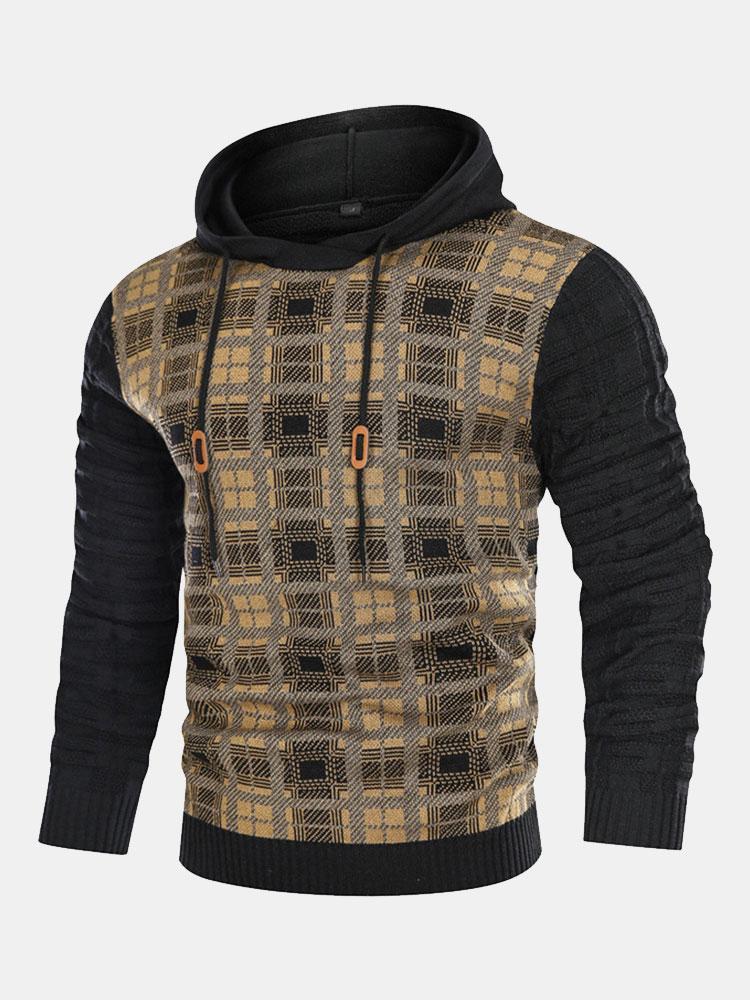 Slim Fit Knitted Plaid Paneled Hooded Sweater