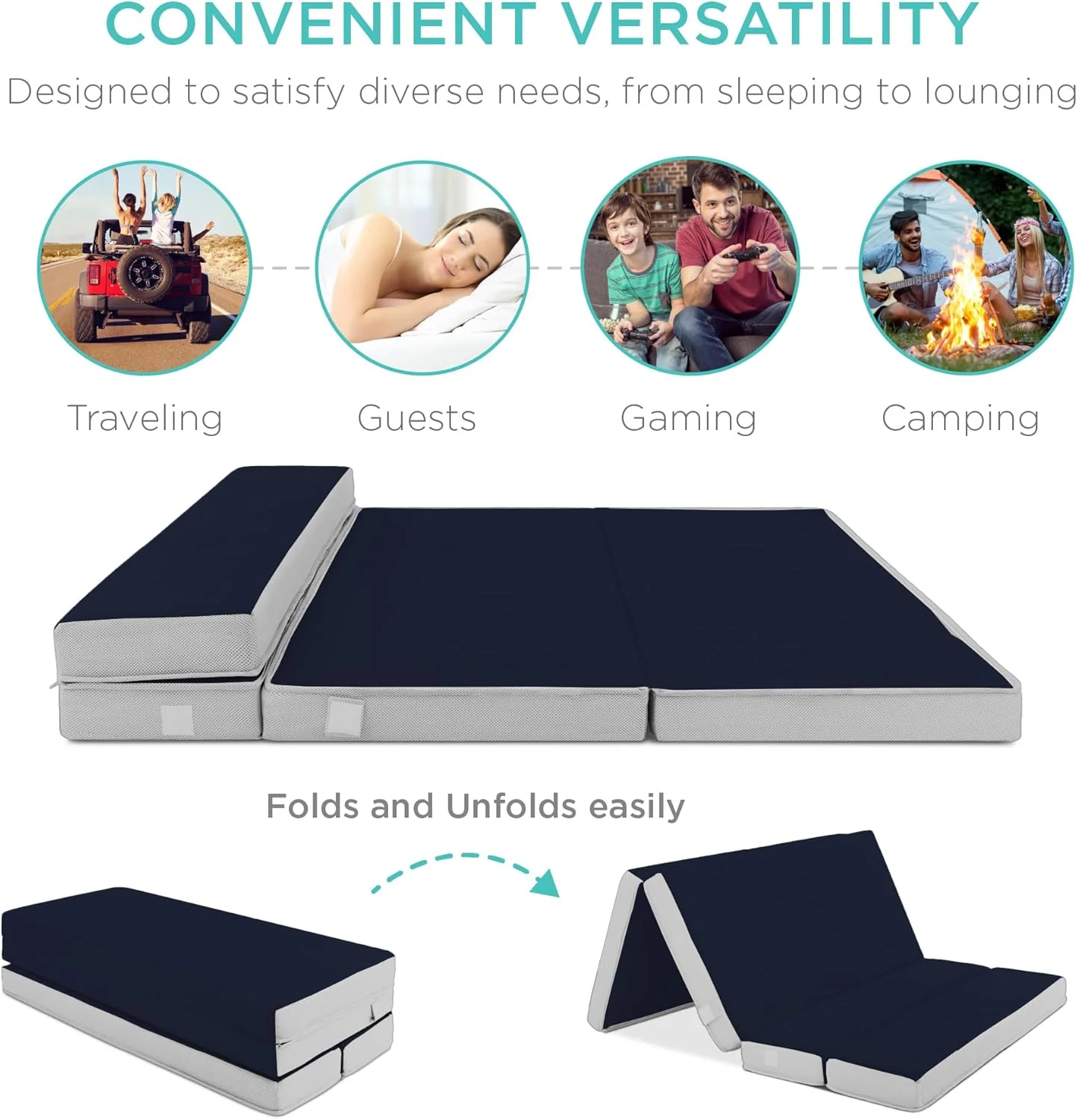 Best Choice Products 4in Portable Queen-Size Mattress, Tri-Fold Mattress for Camping, Guest, Toddler, Foam Plush w/Carry Case - Grey