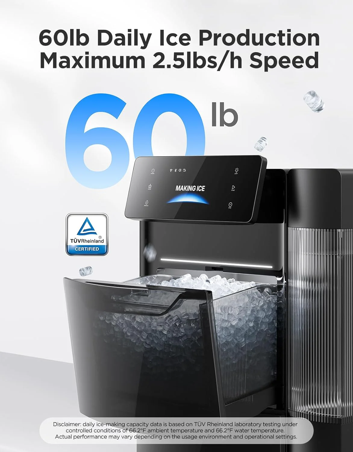 GoveeLife Smart Nugget Ice Maker Pro, 60lbs Daily, 6-Minute First Ice, 40dB Ultra-Quiet with AI NoiseGuard, App & Voice Control, Self-Clean, 3.5lbs Basket & Dual Water Tanks, for Home Kitchen, Party