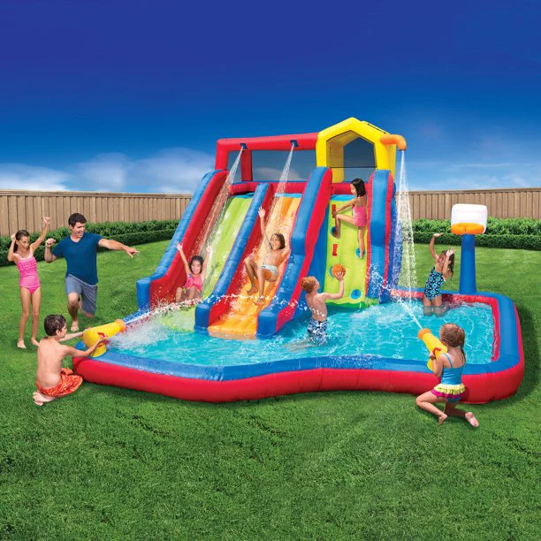 Banzai Twin Falls Giant Inflatable Water Park Bounce House - Two Water Slides and Climbing Wall - Summer Outdoor Fun for Kids and Families
