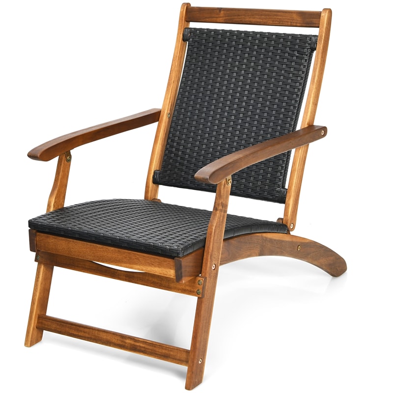 Acacia Wood Folding Wicker Patio Chaise Lounge Chair with Removable Footrest