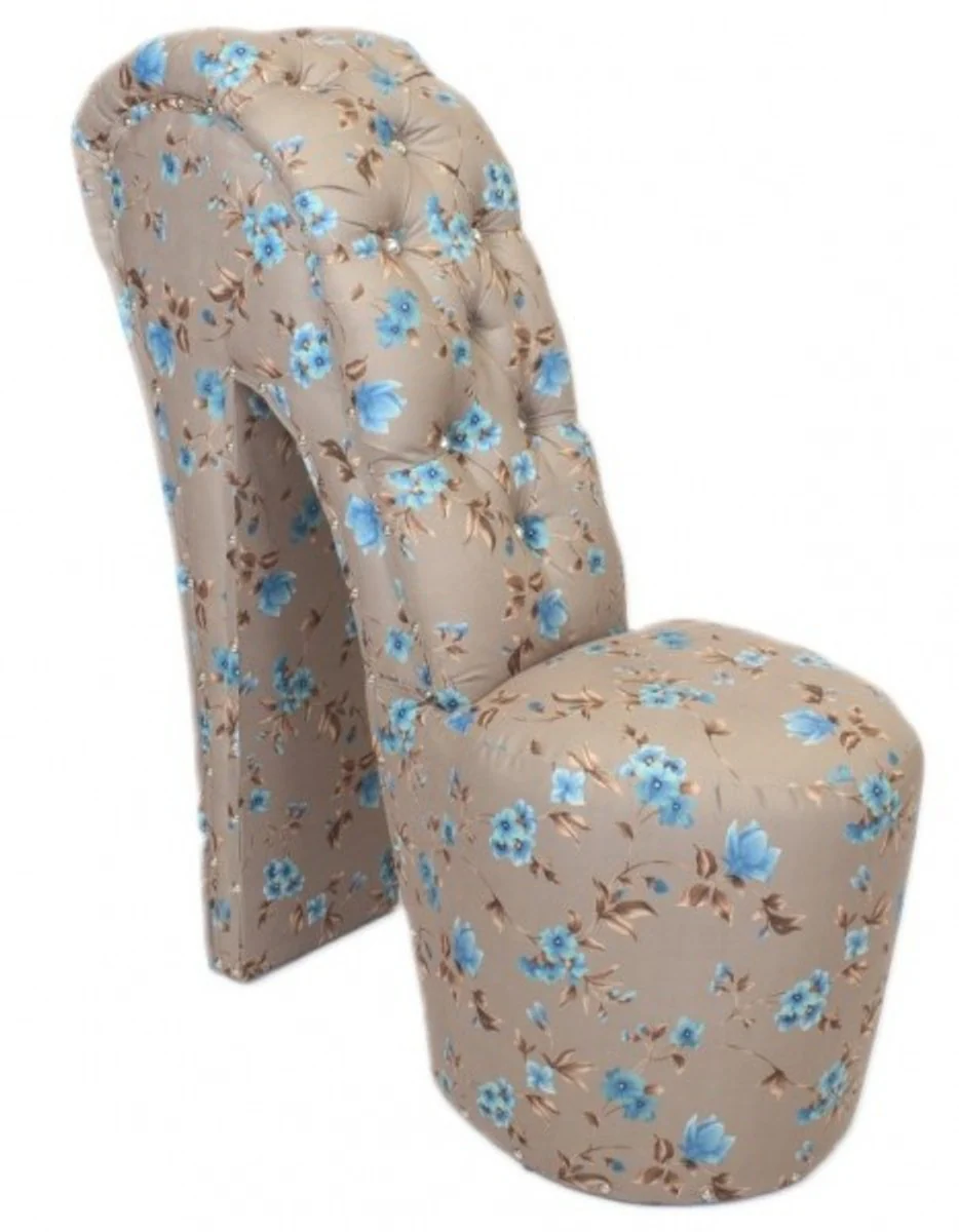 High Heel Armchair Flower Pattern Cream / Blue Luxury Design - Designer Armchair - Club Furniture - Shoe Chair Armchair