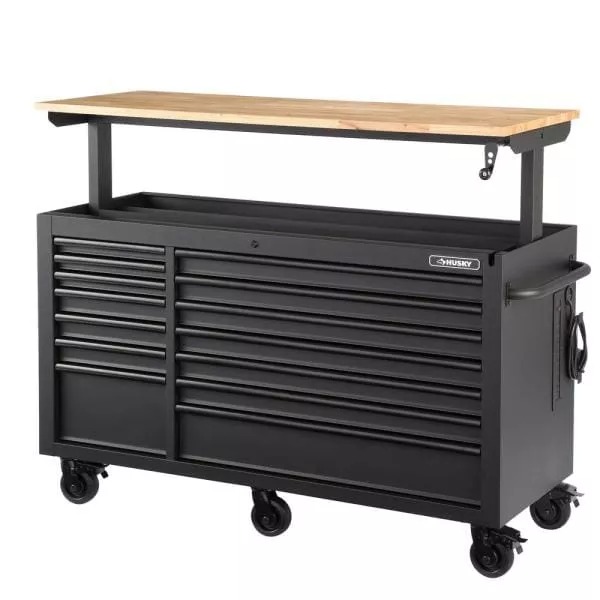 HEAVY-DUTY 62 IN. W 14-DRAWER, DEEP TOOL CHEST MOBILE WORKBENCH IN MATTE BLACK WITH ADJUSTABLE-HEIGHT HARDWOOD TOP