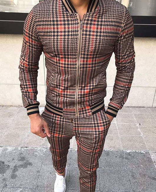 Casual Plaid Print Zipper Long Sleeve Coat & Pants 2Pcs Set