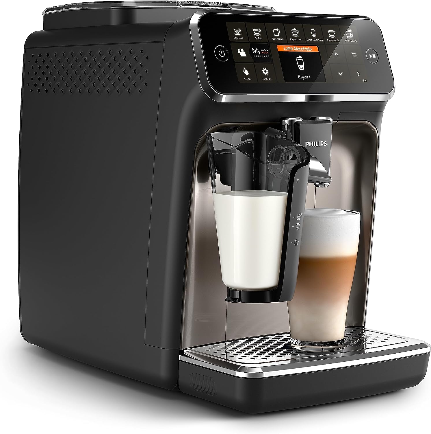 PHILIPS 4300 Series Fully Automatic Espresso Machine - LatteGo Milk Frother, 8 Types of Coffee, Intuitive Touch Display, Black, (EP4347/94)