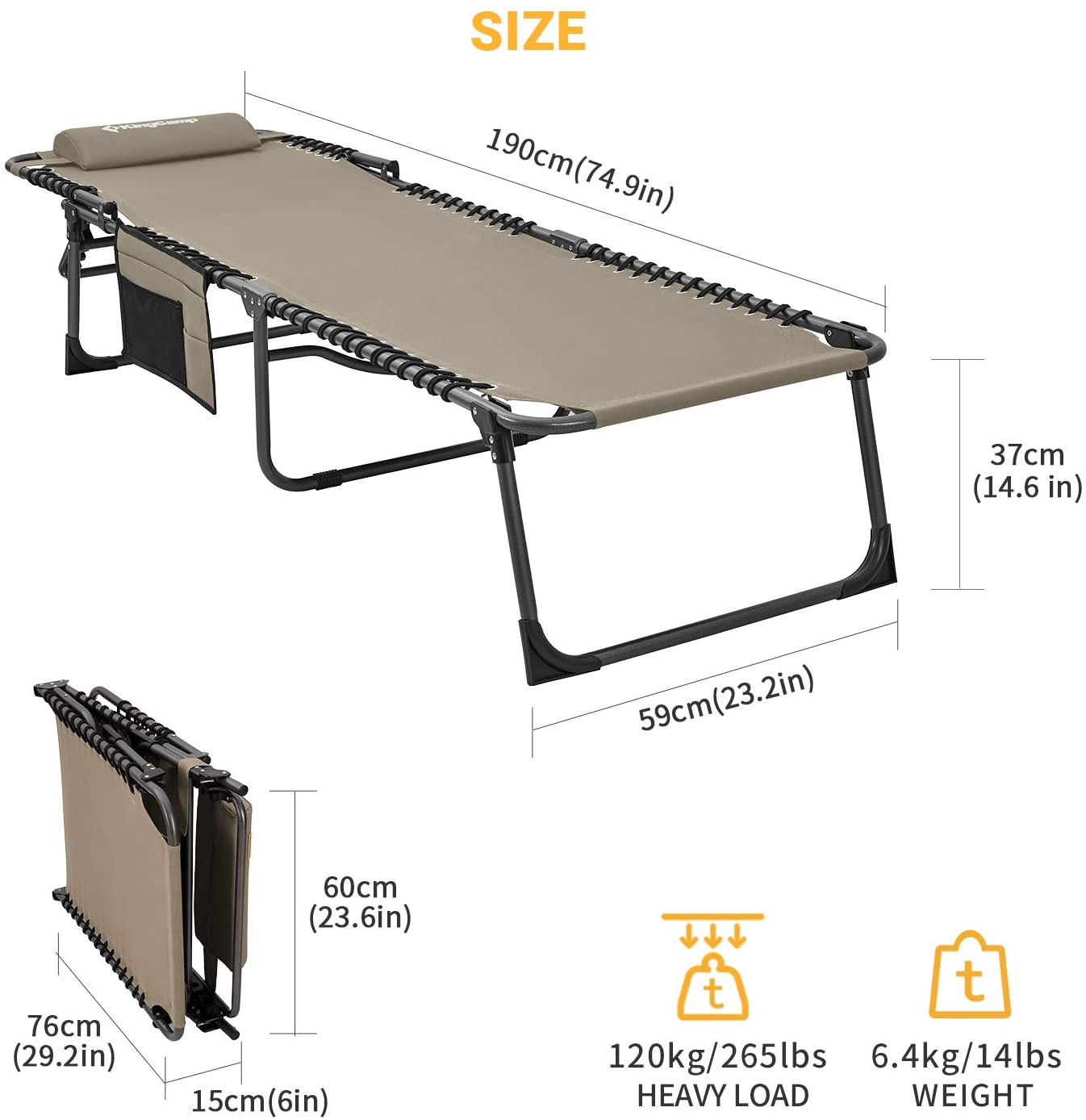 Adjustable 4-position folding chaise lounge chair with pillow pocket, supports 265lbs