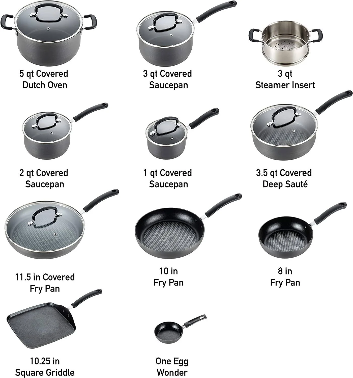 Ultimate Hard Anodized Nonstick Cookware Set, 17 Piece Pots and Pans, Dishwasher Safe, Black