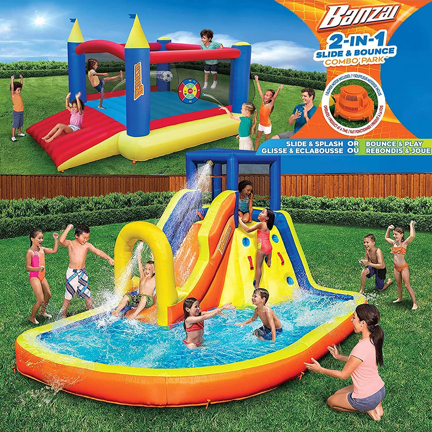 Inflatable Water Slide and Bouncy Castle (Combo Pack) - Huge, sturdy outdoor kids adventure park pool with built-in sprinkler wave and slide PLUS large BONUS 12 x 9 bouncy house - blower included